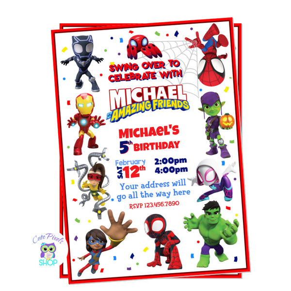 Spidey and His amazing friends Invitation with all Marvel Characters, Iron Man, Hulk, Green Goblin, Black Panther.