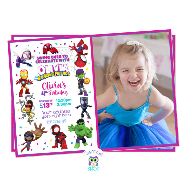 Spidey and his amazing friends invitation with the Marvel characters, in pink and purple colors for girl. Includes child's photo