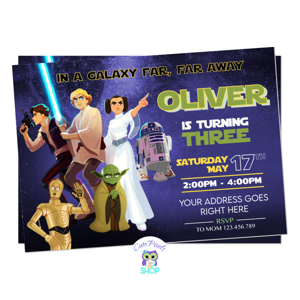 Star wars galaxy of adventures invitation for a Star Wars birthday with the characters of the Galaxy of adventures serie.