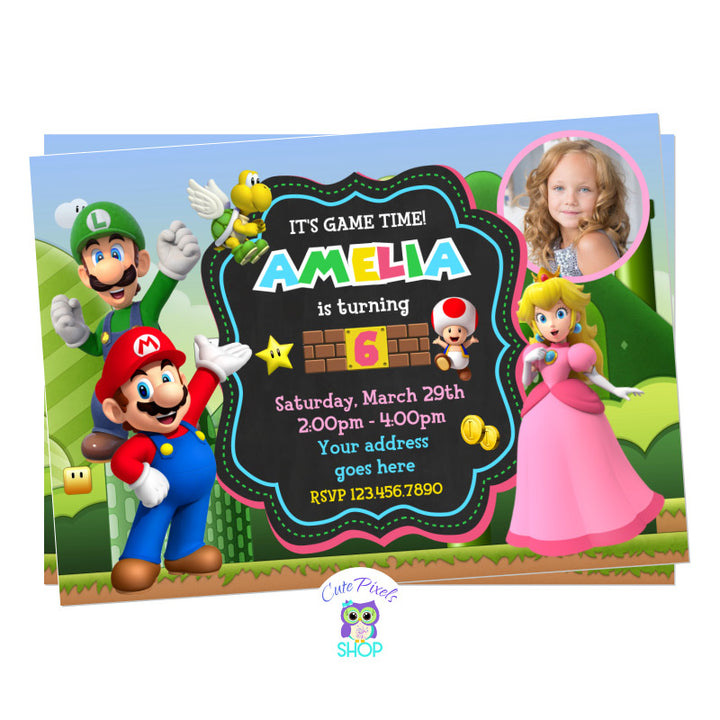 Super Mario Bros invitation for girl with princess peach in a Super Mario Bros game background. Includes child's photo