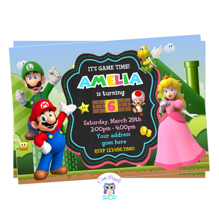 Super Mario Bros invitation for girl with princess peach in a Super Mario Bros game background
