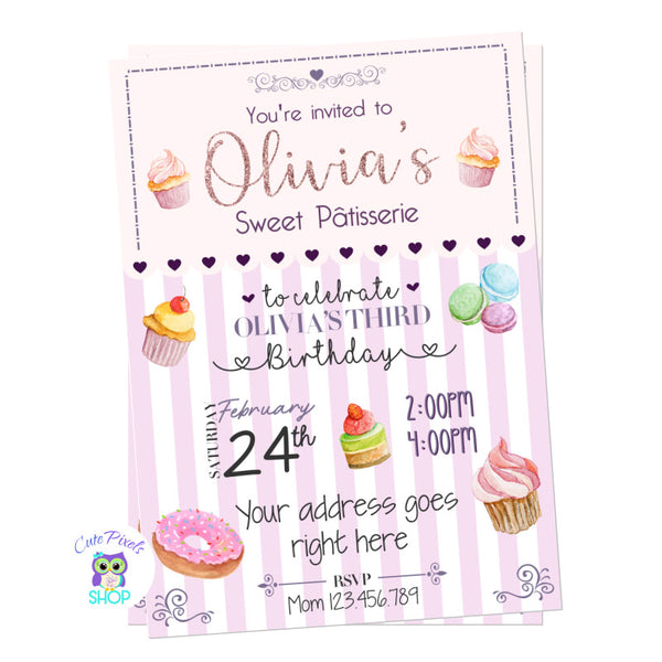 Sweet Birthday invitation, perfect for a sweet birthday party with a touch of watercolors and a pâtisserie design. Cute sweet invitation