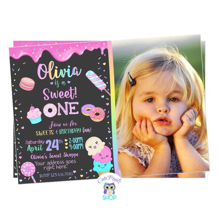 Sweet One birthday invitation. Sweet birthday invitation for first birthday with colorful sprinkles, ice cream, sweets, candy and doughnuts. Chalkboard Background with child's photo