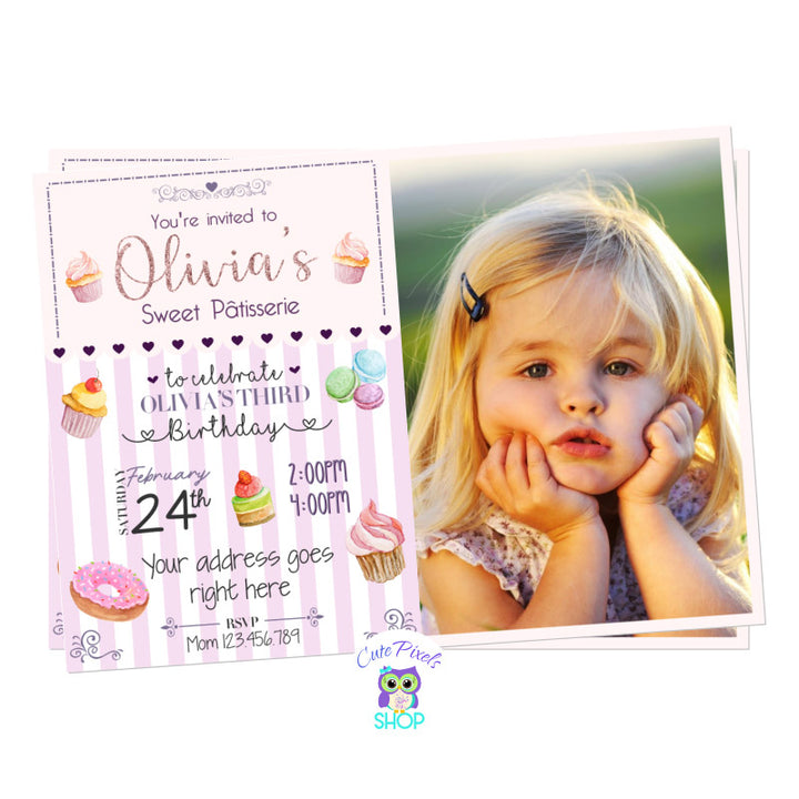 Sweet Birthday invitation, perfect for a sweet birthday party with a touch of watercolors and a pâtisserie design. Cute sweet invitation includes child's photo