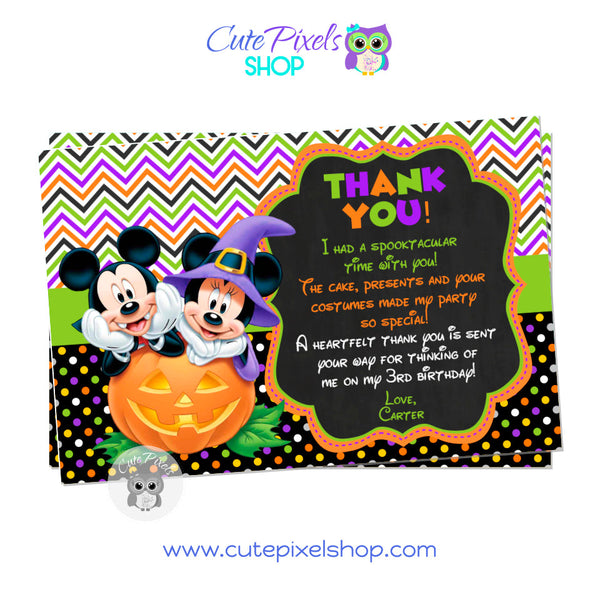 Mickey Mouse Halloween Thank You Card with Mickey Mouse and Minnie in a Pumpkin and Halloween costumes. Chalkboard background.