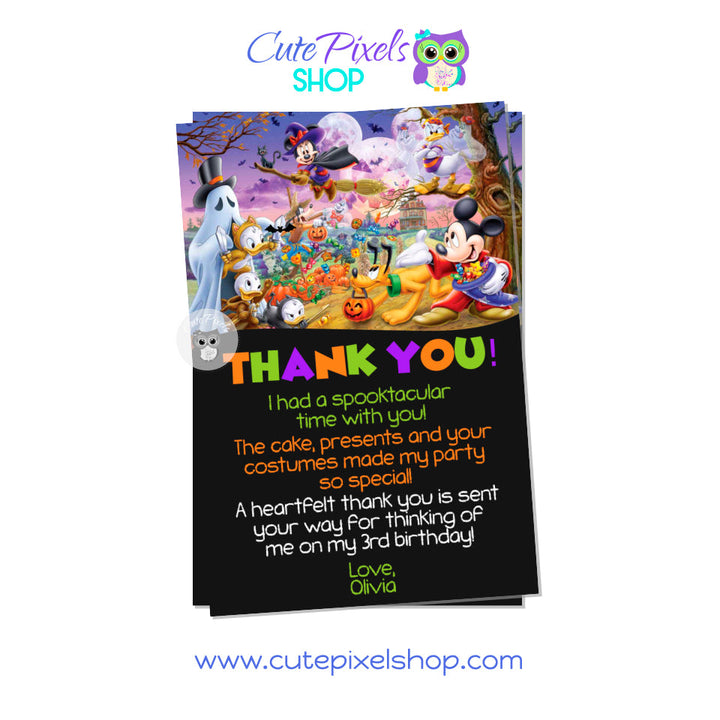 Mickey Mouse Halloween thank you card with all Mickey Mouse friends in a Halloween Costume and Halloween background