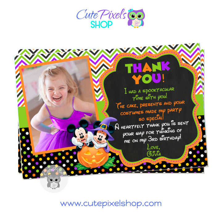 Mickey Mouse Halloween Thank You Card with Mickey Mouse and Minnie in a Pumpkin and Halloween costumes. Chalkboard background. Includes child's photo