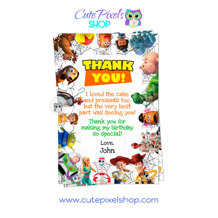 Toy Story Thank You Card in an web spider background with all Toy Story friends around, perfect for a Halloween Party