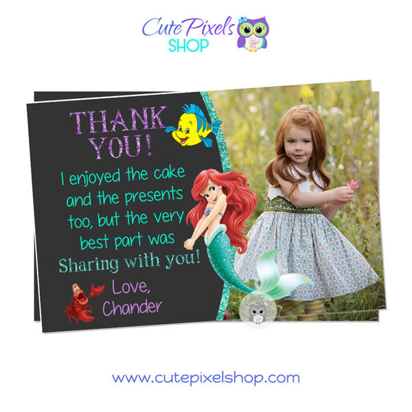 Little Mermaid Thank You card with Princess Ariel as a mermaid, Sebastian and Flounder in a chalkboard background. Includes child's photo