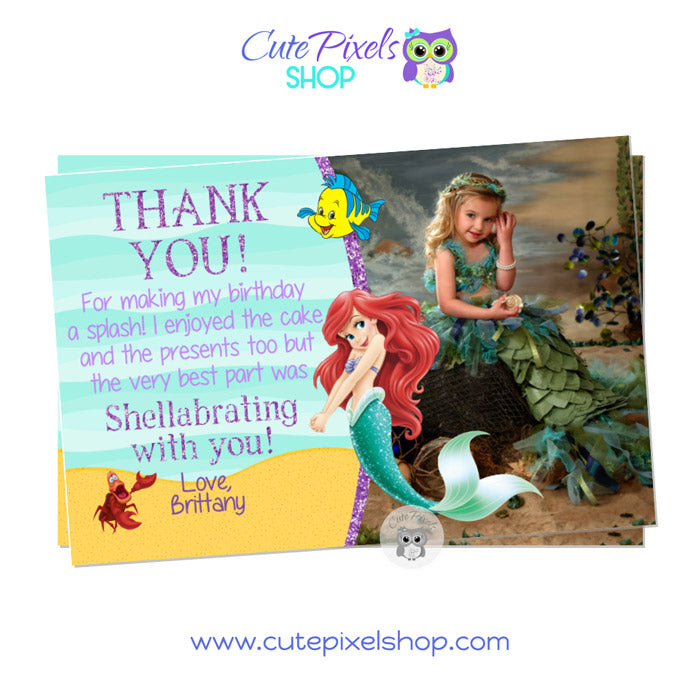 Little Mermaid Thank you card with Princess Ariel as a mermaid, Sebastian and Flounder in an Under the sea background. Includes child's photo