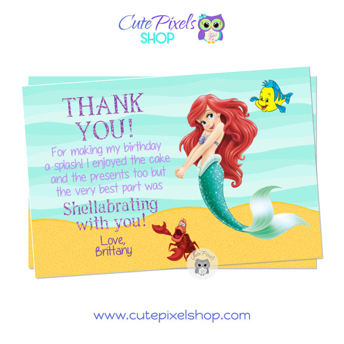 Little Mermaid Thank you card with Princess Ariel as a mermaid, Sebastian and Flounder in an Under the sea background