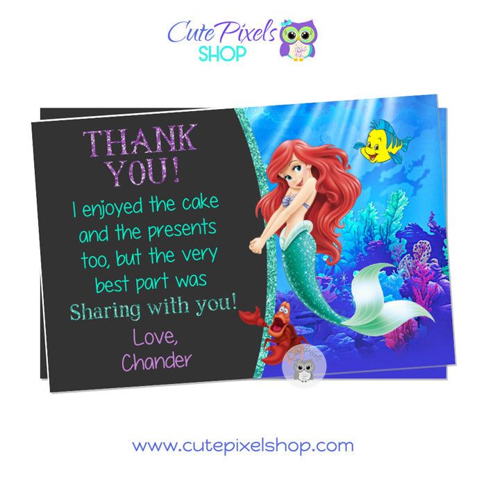 Little Mermaid Thank You card with Princess Ariel as a mermaid, Sebastian and Flounder in a chalkboard background.