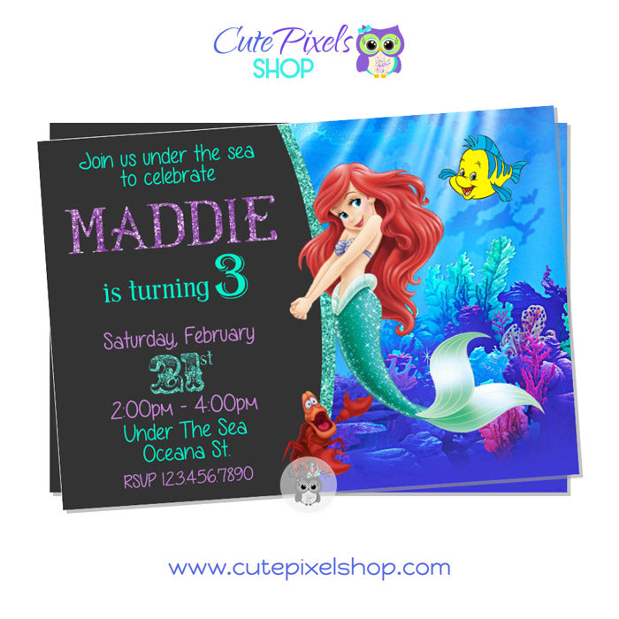 Little Mermaid Invitation with Princess Ariel as a mermaid, Sebastian and Flounder in a chalkboard background