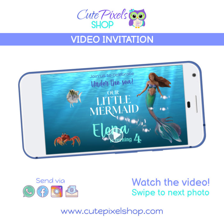 The Little Mermaid video invitation featuring the new  Little Mermaid movie. It is the perfects animated invitation for your little mermaid.