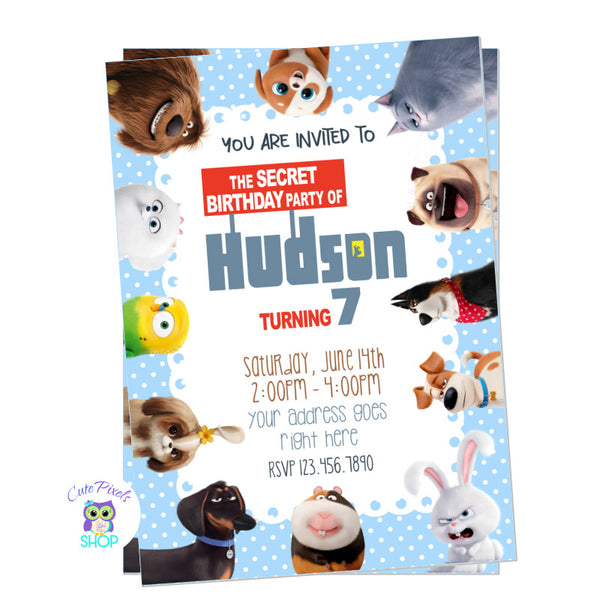 The Secret Life of Pets Invitation with multiple characters from the movie: Mel, Buddy, Snowball, Chloe, Daisy and much more.
