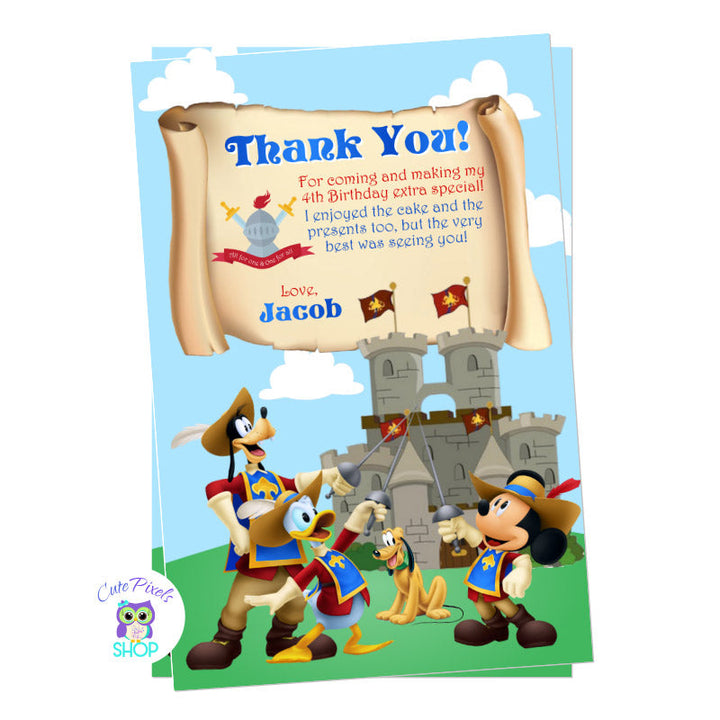 Mickey Mouse three musketeers thank you card with Mickey Mouse, Donald and Goofy as musketeers having a Medieval castle in the back and all party info in a parchment paper roll, perfect for a different Mickey mouse Birthday party