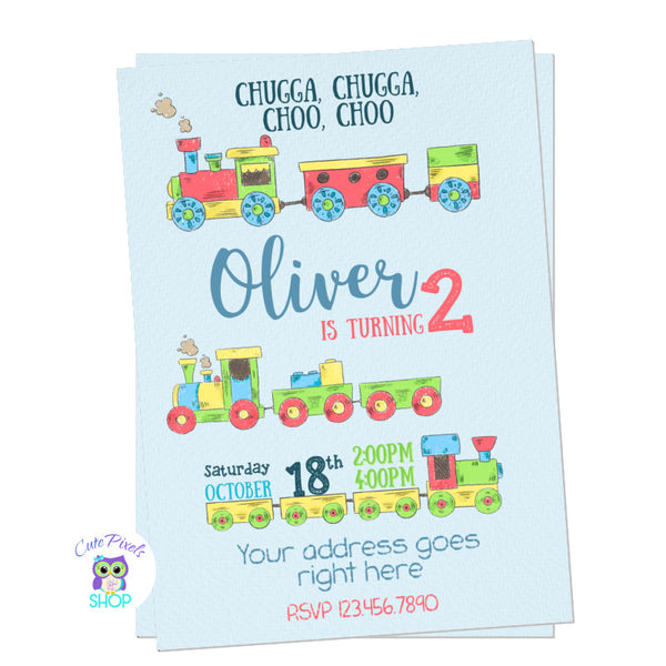 Children's birthday party invitation with a colorful train design on a light blue background.