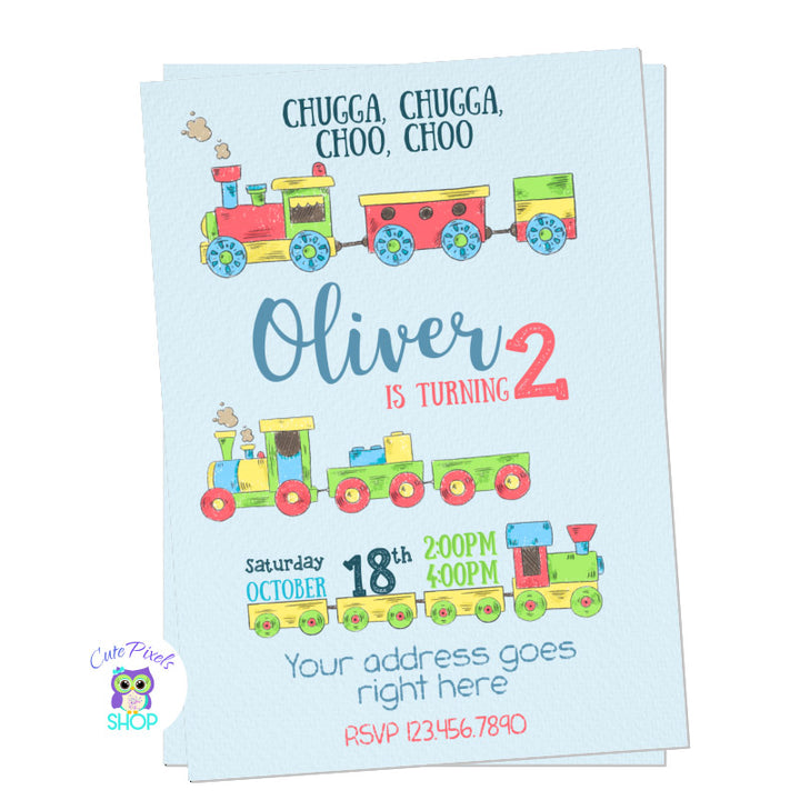 Children's birthday party invitation with a colorful train design on a light blue background.