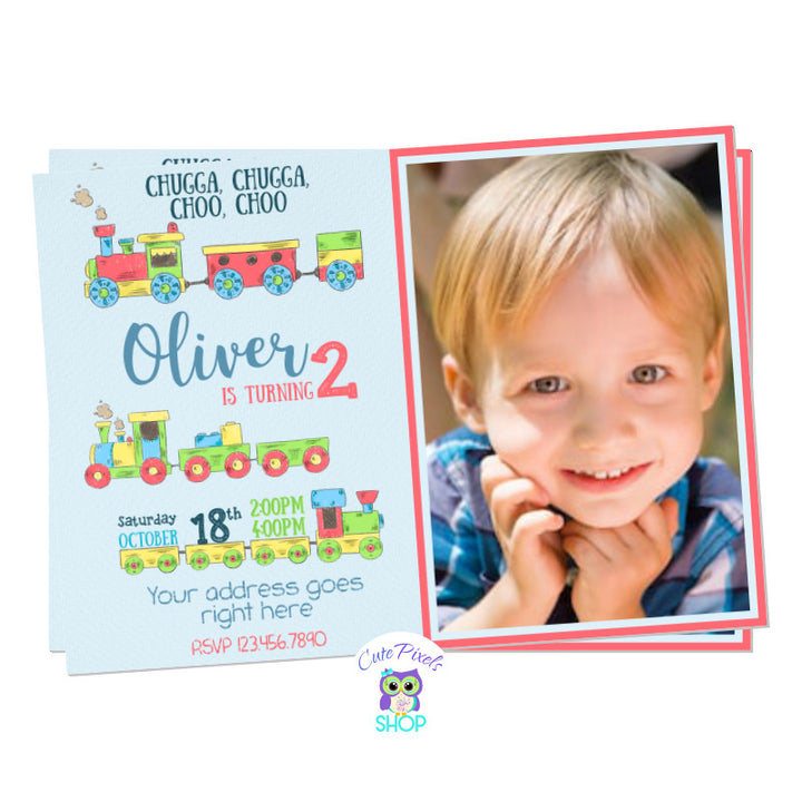 Train Birthday invitation with watercolor trains on a blue background. Includes child's photo