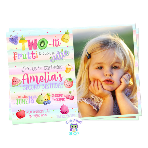 Two-tti frutti invitation for a second birthday party full of fruits and colors, perfect for a sweet birthday party in watercolor colors.  Includes child's photo