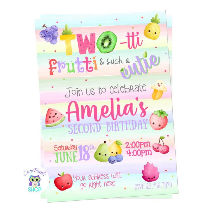 Two-tti frutti invitation for a second birthday party full of fruits and colors, perfect for a sweet birthday party in watercolor colors.