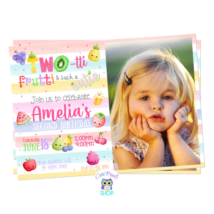 Two-tti frutti invitation for a second birthday party full of fruits and colors, perfect for a sweet birthday party! Includes child's photo