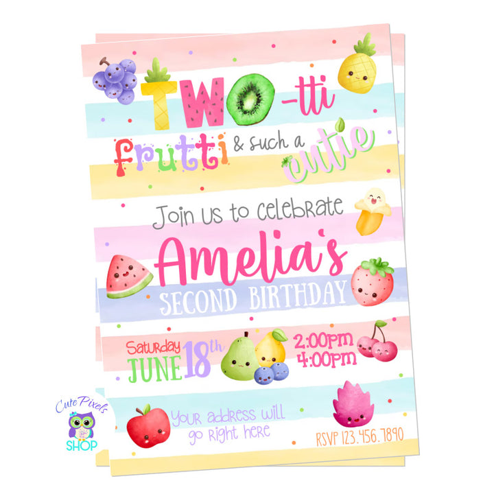Two-tti frutti invitation for a second birthday party full of fruits and colors, perfect for a sweet birthday party!