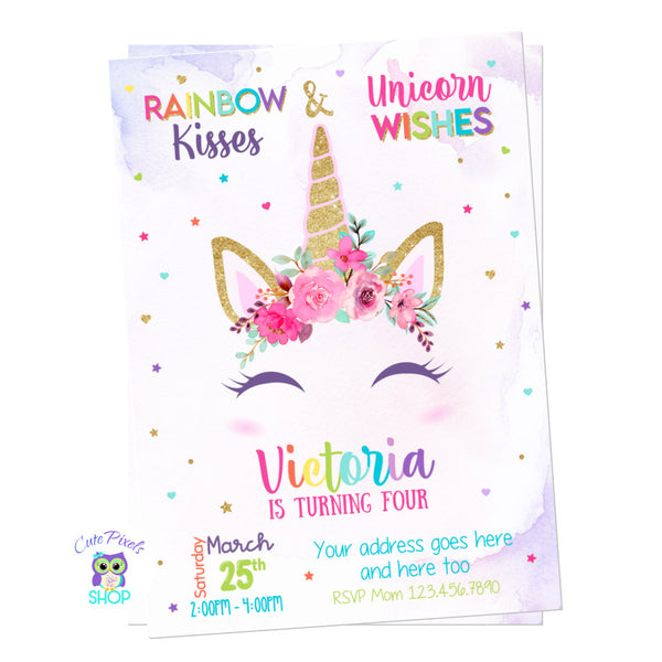 Unicorn Invitation perfect for a Unicorn Birthday with Watercolors and rainbow colors