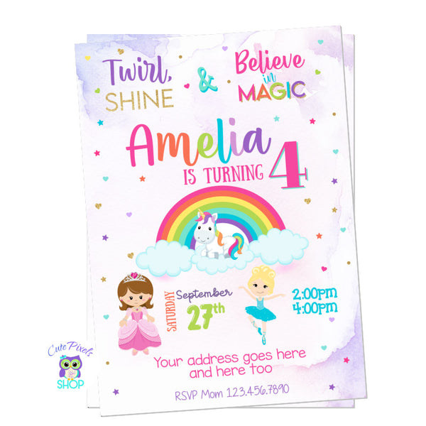 Invitation with a Unicorn, Rainbow, Princess and Ballerina perfect for a cute girl. 