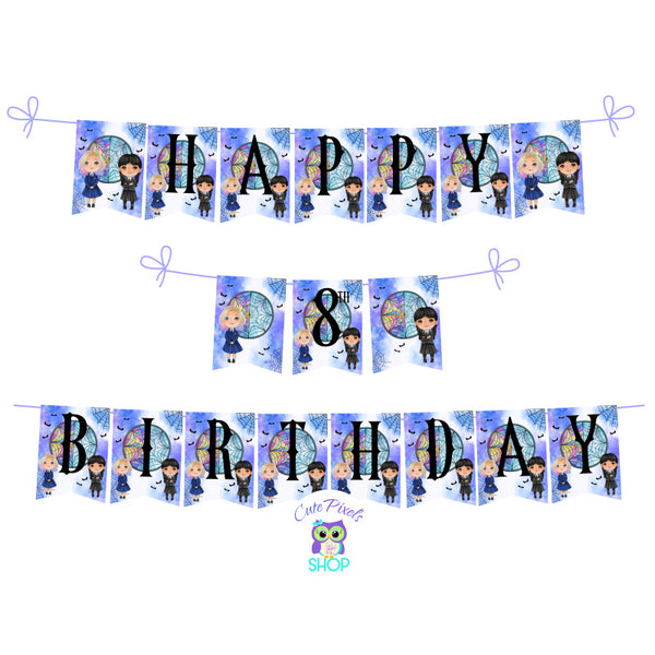 Wednesday Addams Bunting Banner to decor your Wednesday Birthday party with a Bunting Banner. Flags with Wednesday and Enid