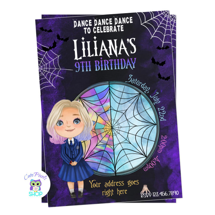 Wednesday Addams invitation with Enid Sinclair. Having the window as background and things. Perfect for a spooky party!