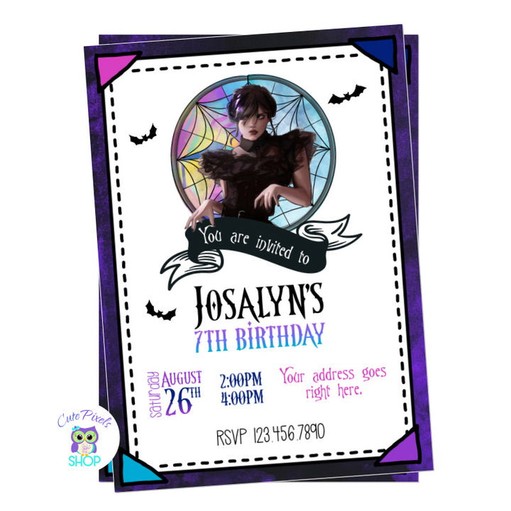 Wednesday Addams invitation in a scrapbook style, perfect for a Wednesday Addams Birthday Party. Includes child's photo.