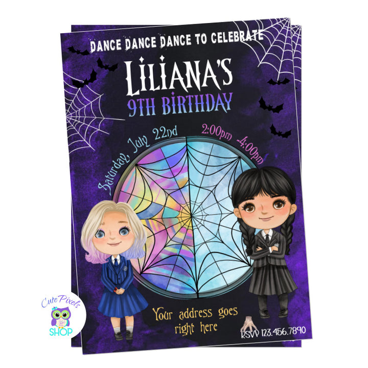 Wednesday Addams invitation with Wednesday and Enid. Having the window as background and things. Perfect for a spooky party!