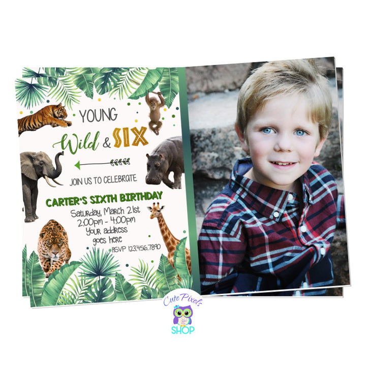 Wild animals invitation with real jungle animals on it, perfect for a wild birthday party. Includes child's photo