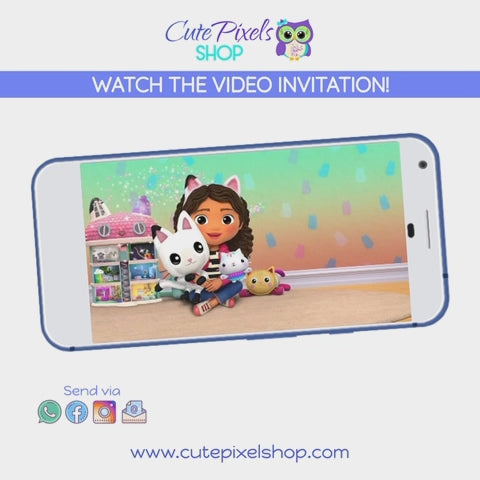 Gabby's Dollhouse Video invitation. Video with Gabby and all  her dollhouse friends and cats as an invitation to a birthday party . Video