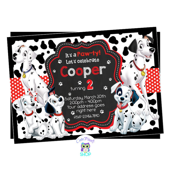 101 Dalmatians Invitation for a paw-ty and Puppy Birthday party! Background full of dalmatian´s spots. Pongo, Perdita, and cute dalmatians. Dots design