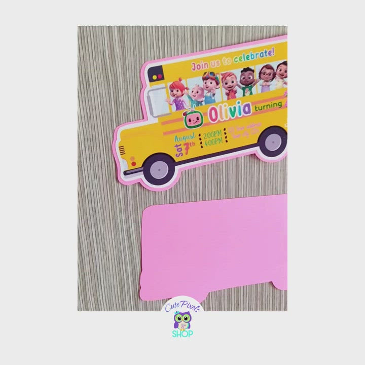 Cocomelon Wheels on The Bus invitation printed. Sample of the Pink and Green Cocomelon Bus invitation.