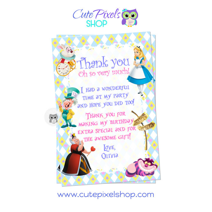 Alice in wonderland thank you card with Alice, White rabbit, Queen of Hearts, cat Cheshire and Mad Hatter for a cute Alice in wonderland Birthday party.