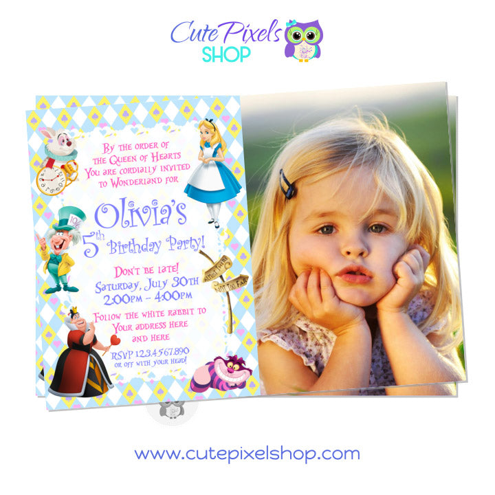 Alice in wonderland invitation with Alice, White rabbit, Queen of Hearts, cat Cheshire and Mad Hatter for a cute Alice in wonderland Birthday party. Includes child's photo