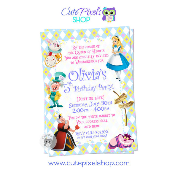 Alice in wonderland invitation with Alice, White rabbit, Queen of Hearts, cat Cheshire and Mad Hatter for a cute Alice in wonderland Birthday party.