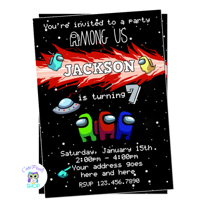 Among Us invitation for and Among Us Birthday party, Space background with child's name on the emergency meeting. Among Us Crewmate and spaceship.