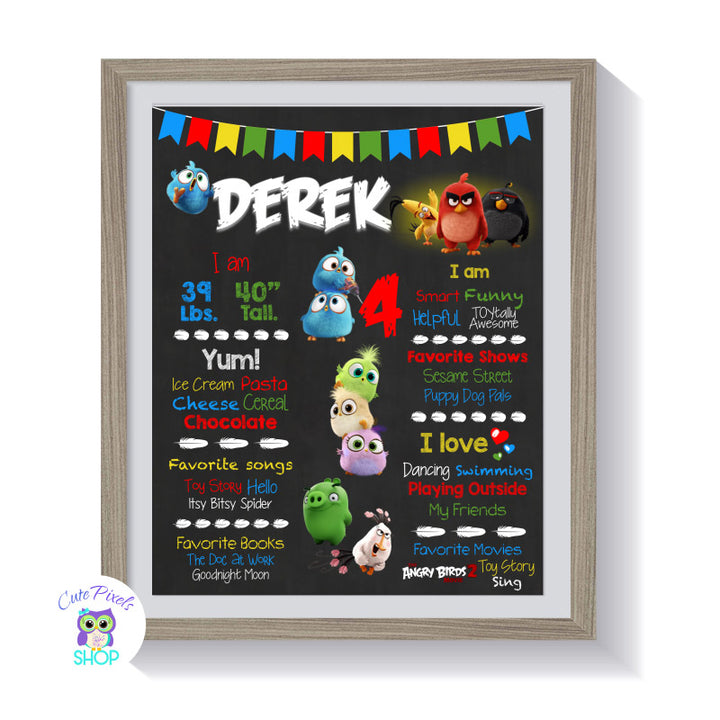 Angry Birds Chalkboard Sign, Angry Birds Birthday sign wit many characters from the Angry Birds Movie 2 to have your child's milestones. Framed as a keepsake