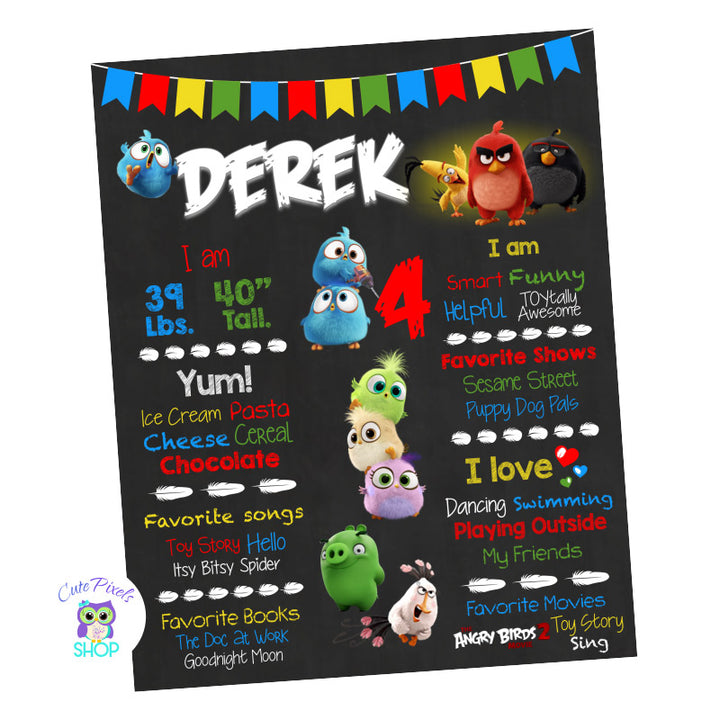 Angry Birds Chalkboard Sign, Angry Birds Birthday sign wit many characters from the Angry Birds Movie 2 to have your child's milestones.