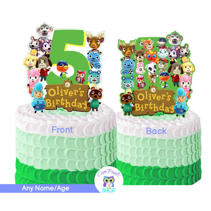 Animal Crossing Cake Topper, Animal crossing centerpiece, it comes with lots of animal crossing characters, your child's name and age. Front and back design and two different sizes.