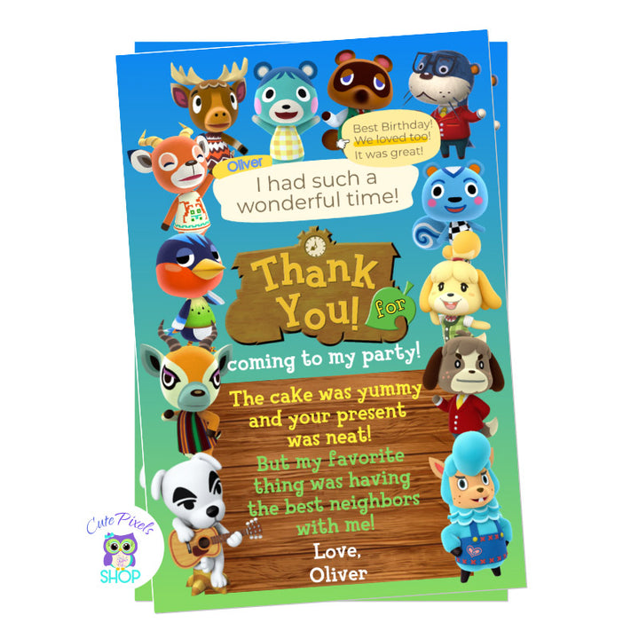 Animal Crossing thank you card in blue and green background with many Animal Crossing villagers. Perfect for your Animal Crossing Birthday Party.