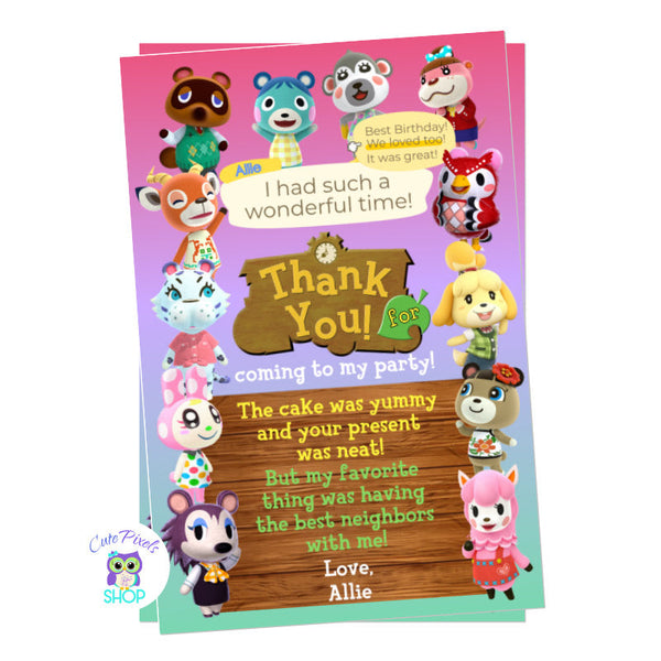 Animal Crossing thank you card in pink and teal background with many Animal Crossing villagers. Perfect for your Animal Crossing Birthday Party.