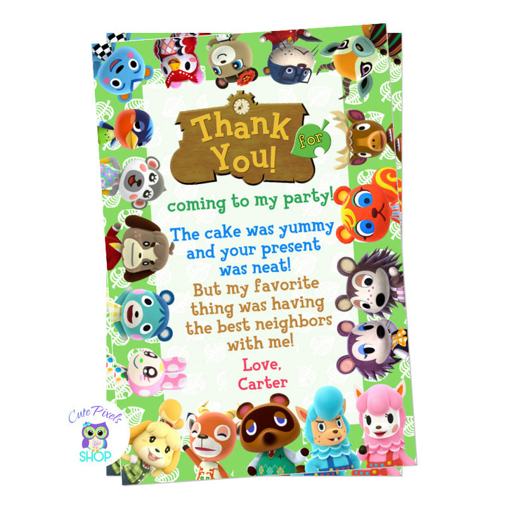 Animal Crossing Thank You Card for a perfect Video game birthday party with all villagers and neighbors from Animal crossing.