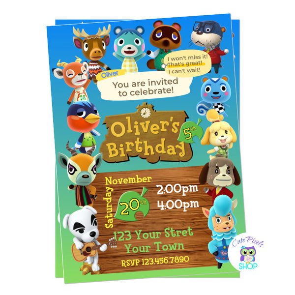 Animal Crossing Birthday, Invitation in blue with many boy animal crossing characters. Perfect for a boy Animal crossing birthday party