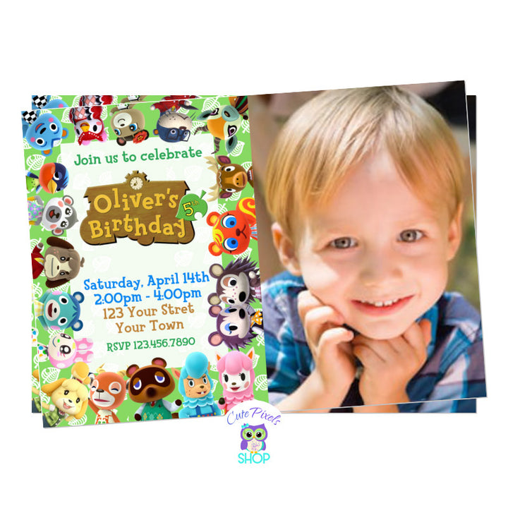 Animal Crossing invitation with Child's photo on it, to have a perfect start for your Animal Crossing Birthday! Party info surrounded by all Animal crossing characters