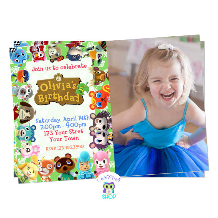 Animal Crossing Birthday Invitation including child's photo and text in pink. Many Animal Crossing characters included.